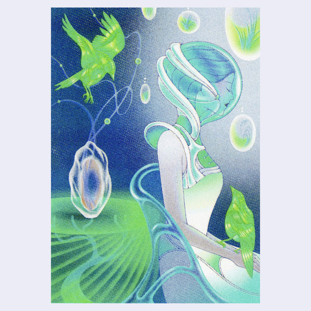 Illustration of a woman, elegant looking, sitting and seen from the side. She wears futuristic gear and 2 birds fly around her.