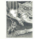 Graphite illustration of a robotic woman, laying on the ground and interacting with a praying mantis.