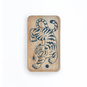 Wooden tray with a dark blue line art painting on it of a tiger with a star and a moon.