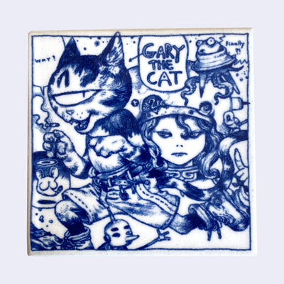 White ceramic square tile with a deep blue line art illustration of a cartoon cat smoking a cigarette and wearing pants and sneakers. It runs past a girl who has robotic head and body elements. Text reads "Gary the Cat"