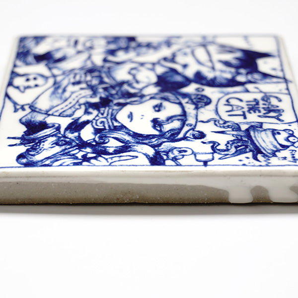 White ceramic square tile with a deep blue line art illustration of a cartoon cat smoking a cigarette and wearing pants and sneakers. It runs past a girl who has robotic head and body elements. Text reads "Gary the Cat"