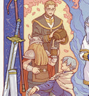 Fantasy illustration showing three illustrated characters in a stylized scene: a standing figure in a dark robe pouring from a wooden barrel, a seated bearded warrior in armor holding a mug, and another character reclining in the foreground. A sword and staff lean on the left, with blue and peach background panels.