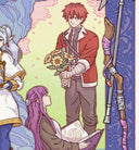 Anime-style fantasy illustration showing a red-haired warrior in a red tunic holding a bouquet of flowers, standing beside a purple-haired woman reading a book, with another character partially visible on the left and a bow on a staff to the right.