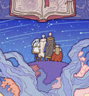 Illustrated fantasy artwork showing four robed figures standing on a purple ridge and looking up at a large open book in the sky, with a starry blue night scene and flowing cloud-like forms around them.