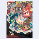 Colorful illustration of a small bunny in a bed, holding up a flashlight and illuminating dozens of monsters, most with several pair of eyes and long bodies like snakes.