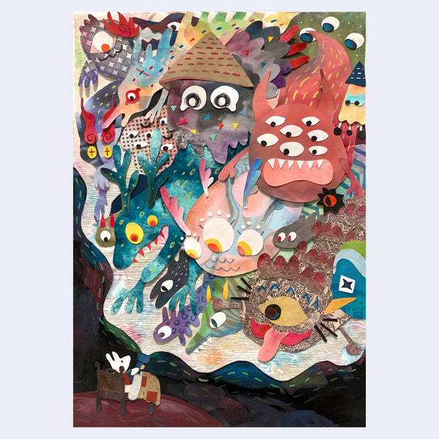 Colorful illustration of a small bunny in a bed, holding up a flashlight and illuminating dozens of monsters, most with several pair of eyes and long bodies like snakes.