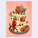 Cut paper artwork of a stack of souffle pancakes with cream topping. Several cartoon bears sit on and around the pancake stack with pieces of boba. Background is peach colored with some light marbling.