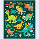Paper collage of many colorful dinosaurs with cute, happy expressions and different hats. They stand amongst forest motifs.