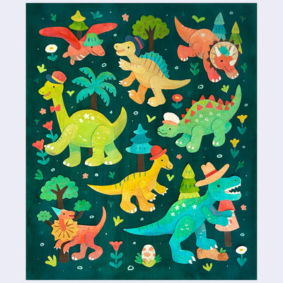 Paper collage of many colorful dinosaurs with cute, happy expressions and different hats. They stand amongst forest motifs.
