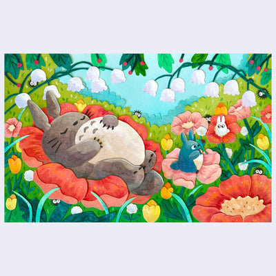 Collage of a colorful flower field scene with Totoro sleeping inside of a red flower and with chibi Totoros around.