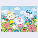 A colorful cut paper artwork featuring three cute fairy-like characters flying in a flower field under a blue sky with white clouds.
