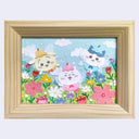 A colorful cut paper artwork featuring three cute fairy-like characters flying in a flower field under a blue sky with white clouds