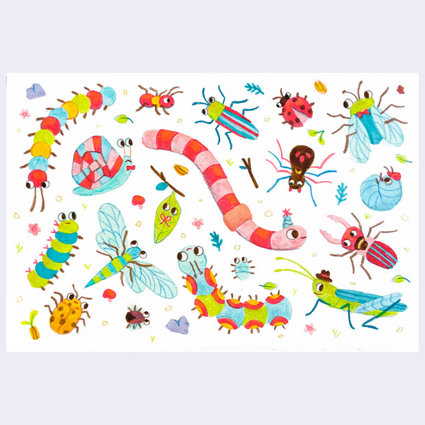 Doodle style illustrations of many bugs on one sheet of paper.