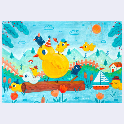 Illustration of cartoon ducks, standing on a log in a busy river scene.