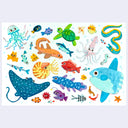 Illustration of many different sea creatures drawn doodle style on one sheet of paper.