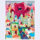 Colorful cut paper illustration of  large pink bear terrorizing a city, like Godzilla with many small bears climbing over the buildings.