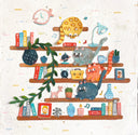 Cut paper artwork of several floating book shelves with books, framed pictures, trinkets, plants and 4 chubby cats. The cats are of all different colors and look around.