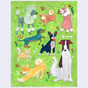 A colorful artwork featuring multiple cartoon-style dog illustrations on a bright green background with small grass, flowers, bones, and paw prints.