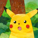 Paper cut illustration of Pikachu, looking shocked with a forest background.