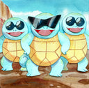 Paper cut artwork of three Squirtles with sunglasses on a mountain background.