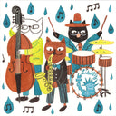 Illustration of cats playing music with musical notes and raindrops.
