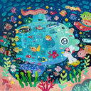 Cut paper underwater scene with various sea creatures and a large mola mola fish, swimming with a small snorkeling bunny.