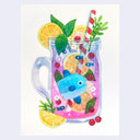 Colorful illustration of a pitcher with lemon slices, berries, and a blue Mola Mola fish swimming inside of it.