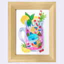 Colorful illustration of a pitcher with lemon slices, berries, and a blue Mola Mola fish swimming inside of it. Framed in a light wooden frame.