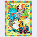 Paper cut artwork of many animals riding a train, some play instruments and some home pinwheels.