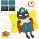 Illustration of a cat wearing a cap, reading a book on a yellow chair.