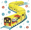 Illustration of a yellow subway with a cat riding in it, poking its head out and holding an umbrella.