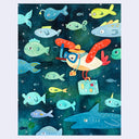 Paper cut illustration of a seagull with a snorkel, flying underwater with many fish swimming alongside it.