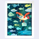 Paper cut illustration of a seagull with a snorkel, flying underwater with many fish swimming alongside it.