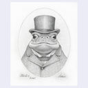 Softly rendered graphite illustration on off white paper of a cartoon toad wearing a suit and a top hat.