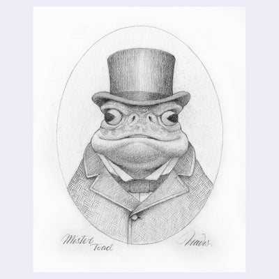 Softly rendered graphite illustration on off white paper of a cartoon toad wearing a suit and a top hat.