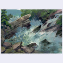 Watercolor painting of a rocky stream or waterfall scene with green foliage, gray-brown stones, and white-blue rushing water, shown against a light gray background.