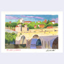 A watercolor landscape painting of Toledo, Spain, featuring the historic stone bridge, green trees, and buildings under a blue sky with purple clouds. The artwork is presented on a white paper background with a light gray outer border.