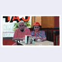 Painting based on a film still from Ghost World of a couple sitting at a table in a diner, side by side drinking coffee.