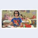 Painting based on a film still from Ghost World of a girl with short black hair and blue glasses, sitting at a school desk with her backpack and supplies out in front of her.