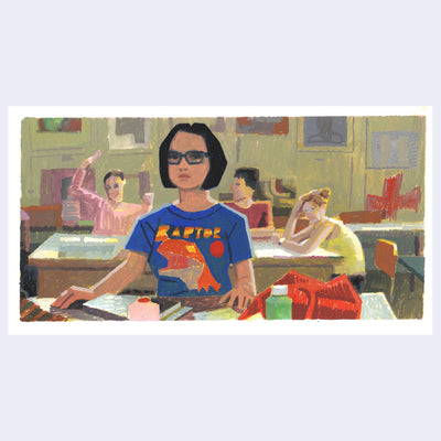 Painting based on a film still from Ghost World of a girl with short black hair and blue glasses, sitting at a school desk with her backpack and supplies out in front of her.