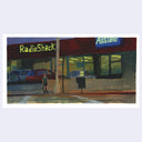Painting based on a film still from Ghost World of a girl standing on a street corner in front of a Radio Shack and an Allstate.