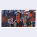 Painting based on a film still from Ghost World of a girl in a darkly lit room with orange accent lighting.