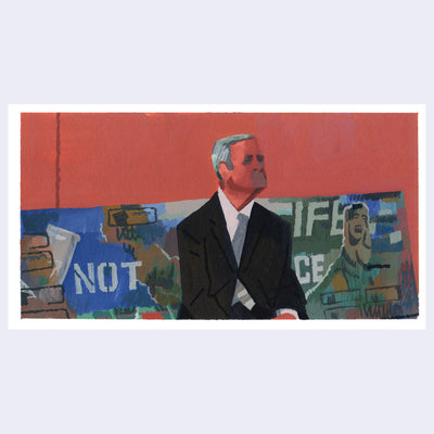 Painting based on a film still from Ghost World of a man in a suit sitting on a bus bench.