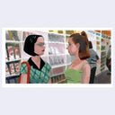 Painting based on a film still from Ghost World of 2 girls talking in the aisle of a movie rental store.