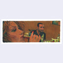 Painting based on a film still from Tangerine of a woman drinking a glass of red wine at a table with a man in the background.