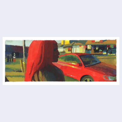 Painting based on a film still from Tangerine of a woman with red hair standing on the sidewalk in front of a red car.