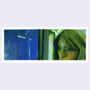 Painting based on a film still from Tangerine of a woman looking out a window, she is lit in green lighting and outside is a blue night sky and light pole.