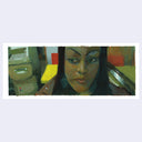 Painting based on a film still from Tangerine of a woman, seen from up close with nicely done makeup looking off to the side with raised eyebrows.