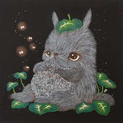 Illustration of a stylized Totoro, with wispy grey hair and a leaf atop his head. He sits with hands over his belly among leaves with brown dust sprites nearby.