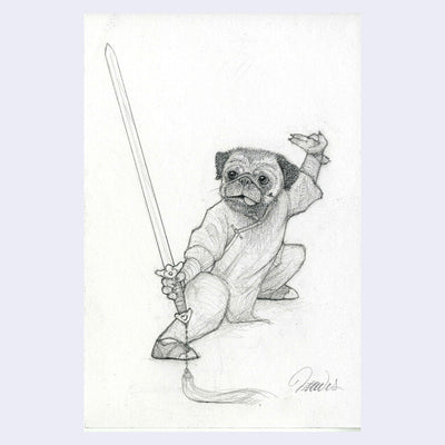 Graphite sketch of a pug holding a samurai sword.
